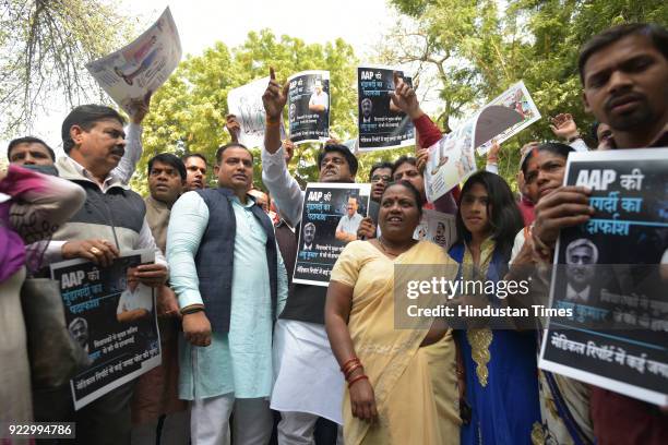 Delhi BJP general Secretary Kuljeet Singh Chahal along with other supporters protest against the MLAs of Aam Aadmi Party on their behavior with Delhi...