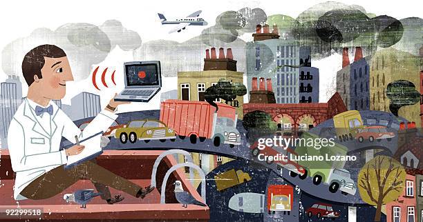 ilustraciones, imágenes clip art, dibujos animados e iconos de stock de pollution - hombre ciudad