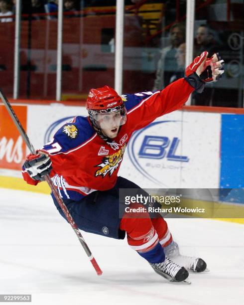 Scott Brannon of the Moncton Wildcats celebrates his first period goal during the QMJHL game against the Montreal Juniors at the Verdun Auditorium...