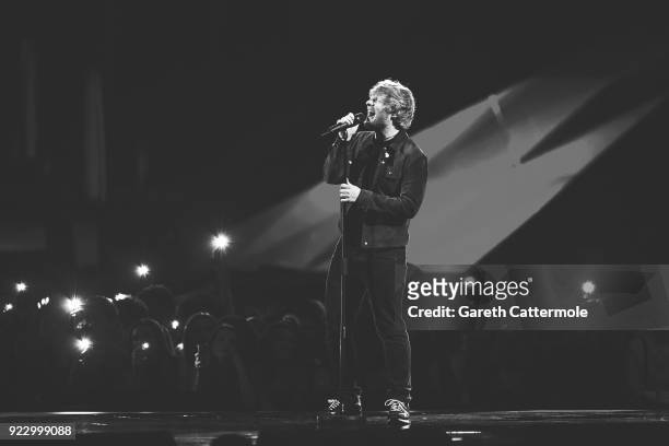 Ed Sheeran performs at The BRIT Awards 2018 held at The O2 Arena on February 21, 2018 in London, England.
