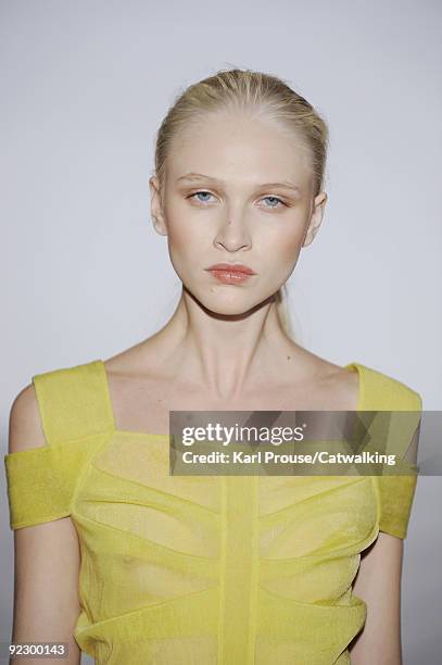 Model walks the runway during the Veronique Leroy ready to wear show as part of the Paris Womenswear Fashion Week Spring/Summer 2010 at Espace...