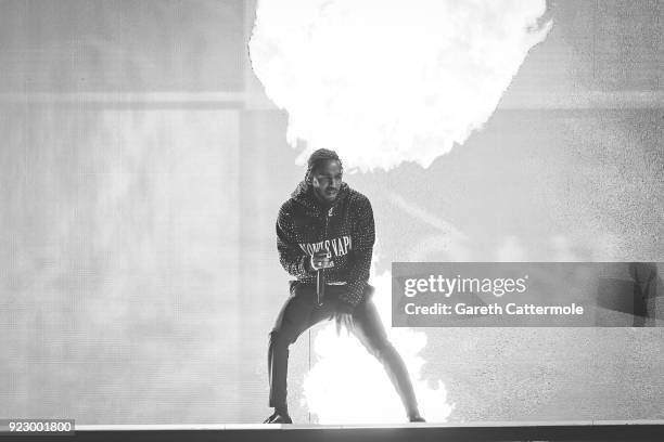 Kendrick Lamar performs at The BRIT Awards 2018 held at The O2 Arena on February 21, 2018 in London, England.