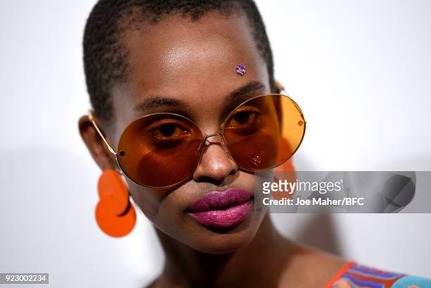 Model backstage prior to the Zandra Rhodes catwalk show during the London Fashion Week Festival 2018 held at 180 The Strand on February 22, 2018 in...