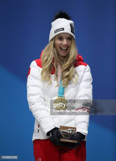 Anna Gasser of Austria is seen with her gold medal from the Ladies Snowboard Big Air Final at Medal Plaza on February 22, 2018 in Pyeongchang-gun,...