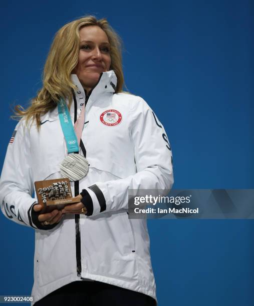 Jamie Anderson of United States is seen with her silver medal from the Ladies Snowboard Big Air Final at Medal Plaza on February 22, 2018 in...