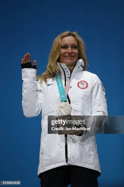 Jamie Anderson of United States is seen with her silver medal from the Ladies Snowboard Big Air Final at Medal Plaza on February 22, 2018 in...