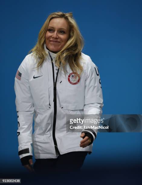 Jamie Anderson of United States is seen prior to receiving her silver medal from the Ladies Snowboard Big Air Final at Medal Plaza on February 22,...
