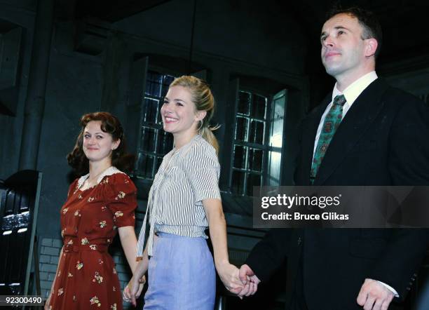 Marin Ireland, Sienna Miller and Jonny Lee Miller takes the opening night curtain call for "After Miss Julie" on Broadway at the Roundabout Theatre...