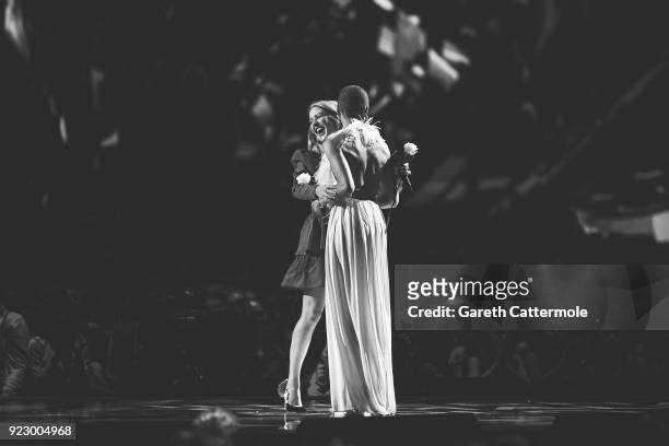 Ellie Goulding and Adwoa Aboah onstage at The BRIT Awards 2018 held at The O2 Arena on February 21, 2018 in London, England.