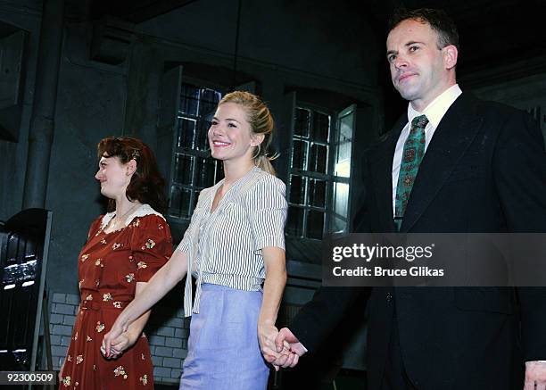 Marin Ireland, Sienna Miller and Jonny Lee Miller takes the opening night curtain call for "After Miss Julie" on Broadway at the Roundabout Theatre...