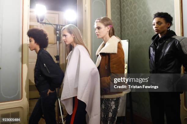 Models are seen backstage ahead of the Emilio Pucci show during Milan Fashion Week Fall/Winter 2018/19 on February 22, 2018 in Milan, Italy.