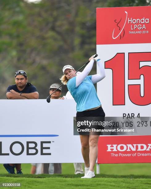 Brittany Lincicome of United States tees off at 15th hole during the Honda LPGA Thailand at Siam Country Club on February 22, 2018 in Chonburi,...