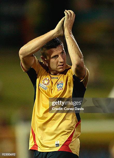 Michael Bridges of the Jets thanks the crowd after being substituted during the round 12 A-League match between the Newcastle Jets and the Central...