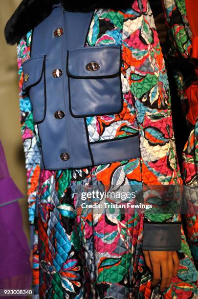 Fashion details are dislpayed in backstage ahead of the Emilio Pucci show during Milan Fashion Week Fall/Winter 2018/19 on February 22, 2018 in...