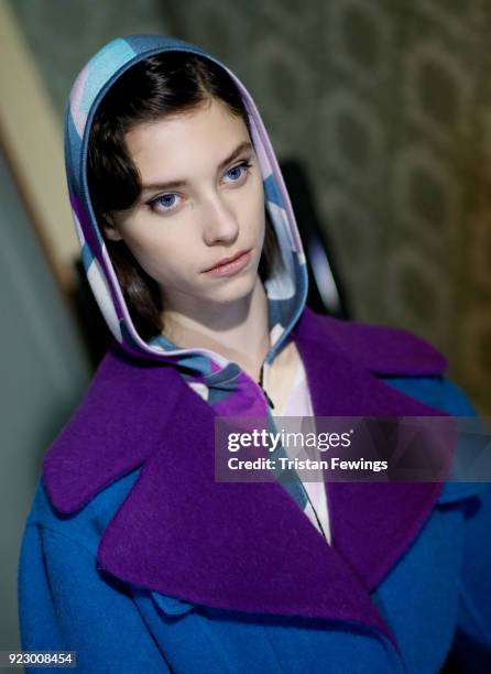 Model is seen backstage ahead of the Emilio Pucci show during Milan Fashion Week Fall/Winter 2018/19 on February 22, 2018 in Milan, Italy.
