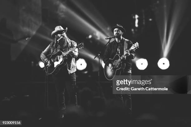 Chris Stapleton and Justin Timberlake perform at The BRIT Awards 2018 held at The O2 Arena on February 21, 2018 in London, England.