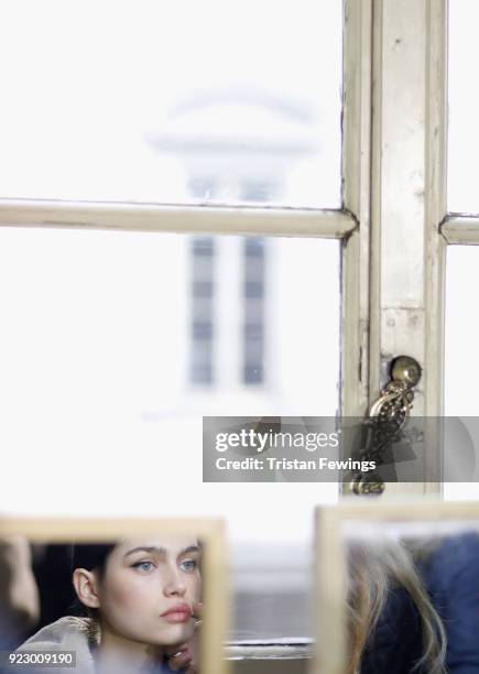 Model is seen backstage ahead of the Emilio Pucci show during Milan Fashion Week Fall/Winter 2018/19 on February 22, 2018 in Milan, Italy.