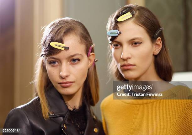 Models are seen backstage ahead of the Emilio Pucci show during Milan Fashion Week Fall/Winter 2018/19 on February 22, 2018 in Milan, Italy.