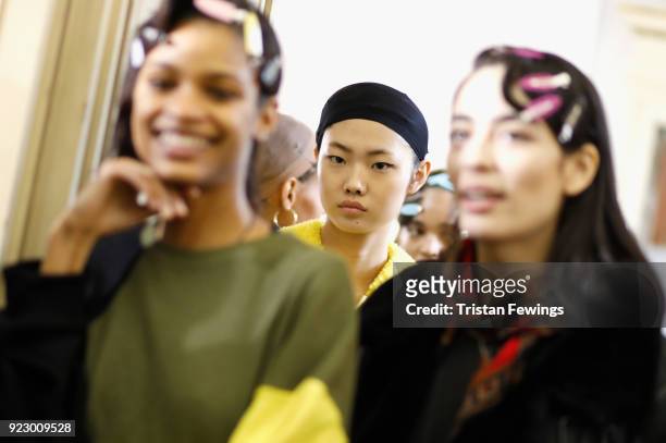 Models are seen backstage ahead of the Emilio Pucci show during Milan Fashion Week Fall/Winter 2018/19 on February 22, 2018 in Milan, Italy.