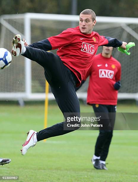 Nemanja Vidic of Manchester United in action during a First Team Training Session at Carrington Training Ground on October 23 2009 in Manchester,...