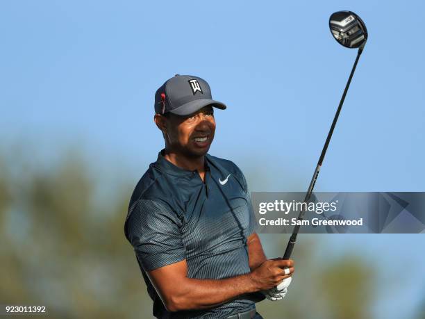 Tiger Woods plays a tee shot at 14th hole during the first round of the Honda Classic at PGA National Resort and Spa on February 22, 2018 in Palm...