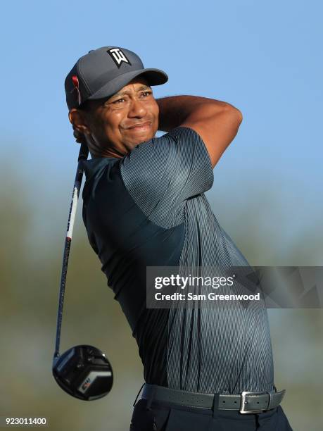 Tiger Woods plays a tee shot at 14th hole during the first round of the Honda Classic at PGA National Resort and Spa on February 22, 2018 in Palm...