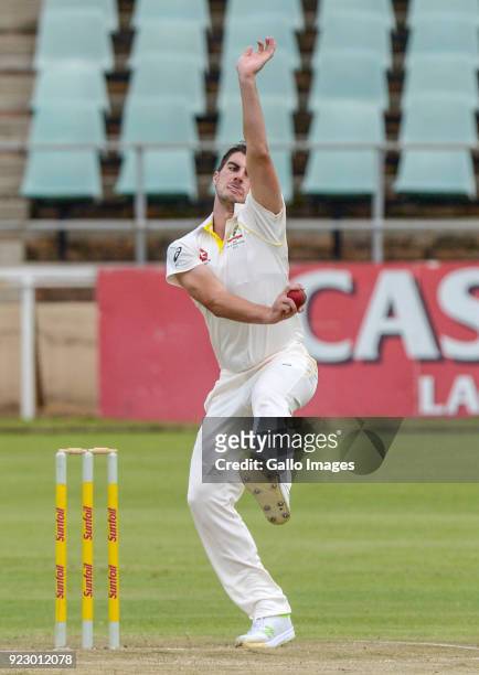 Pat Cummins of Australia in action during day 1 of the Tour match between South Africa A and Australia at Sahara Park Willowmoore on February 22,...