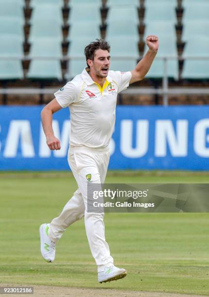 Pat Cummins of Australia celebrates after dismissing Senuran Muthusamy of South Africa during day 1 of the Tour match between South Africa A and...