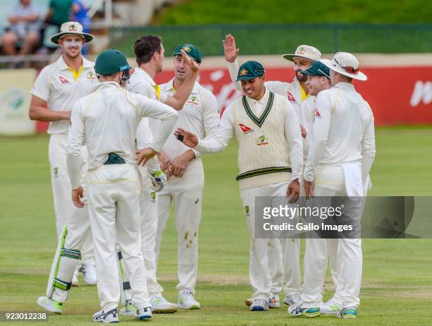 Pat Cummins of Australia celebrates after dismissing Senuran Muthusamy of South Africa during day 1 of the Tour match between South Africa A and...