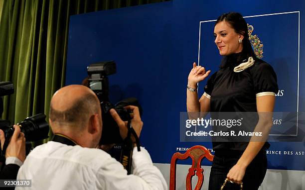 Russian pole vaulter Yelena Isinbayeva attends a press conference during Prince of Asturias Awards 2009 at Hotel Reconquista on October 23, 2009 in...