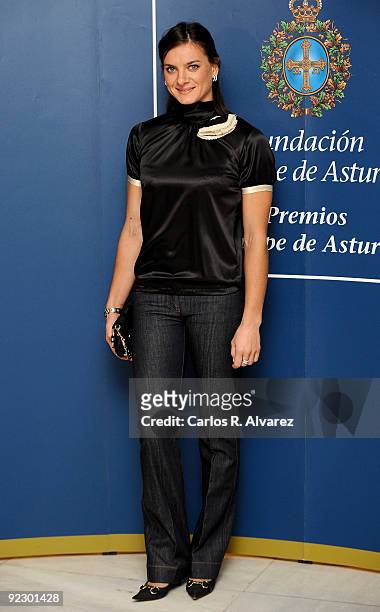 Russian pole vaulter Yelena Isinbayeva attends a press conference during Prince of Asturias Awards 2009 at Hotel Reconquista on October 23, 2009 in...