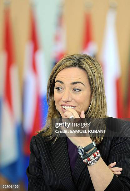 Spain's Defence Minister Carme Chacon Piqueras looks on during the International Security Assistance Force working lunch at an informal meeting of...