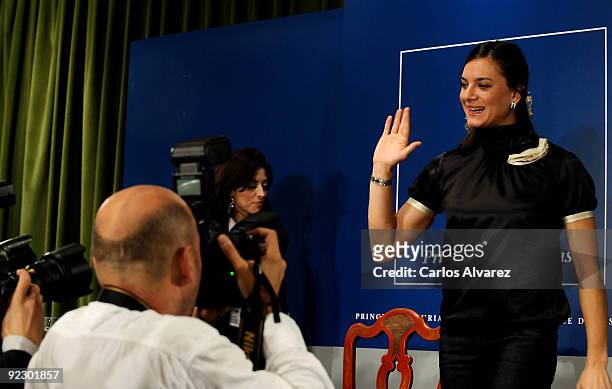 Russian pole vaulter Yelena Isinbayeva attends a press conference during the Prince of Asturias Awards 2009 at Hotel Reconquista on October 23, 2009...