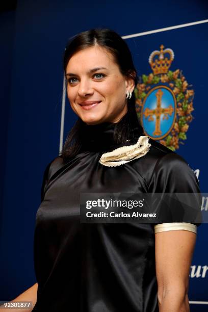 Russian pole vaulter Yelena Isinbayeva attends a press conference during the Prince of Asturias Awards 2009 at Hotel Reconquista on October 23, 2009...