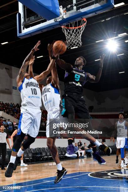 Mangok Mathiang of the Greensboro Swarm battles for a rebound against Troy Caupain and Antonio Campbell of the Lakeland Magic during the game on...