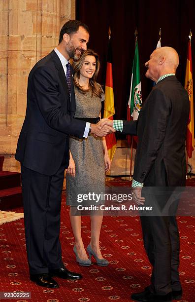 Prince Felipe of Spain and Princess Letizia of Spain receive hold an audience with British architect Sir Norman Foster at the Reconquista Hotel on...