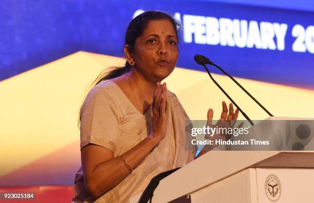 Defence minister Nirmala Sitharaman speaking during the last day session of the Uttar Pradesh Investors Summit-2018 at the Indira Gandhi Pratishthan...