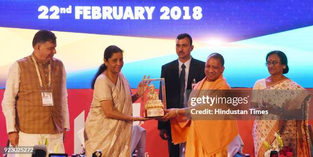 Uttar Pradesh chief minister Yogi Adityanath, defence minister Nirmala Sitharaman, UP industry minister Satish Mahana and tourism minister Rita...