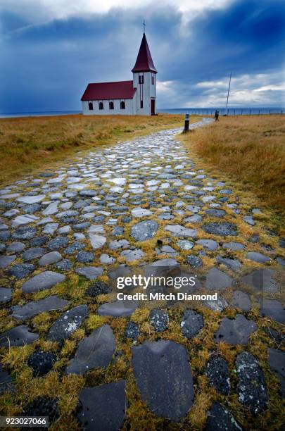 the famous church in hellnar iceland - hellnar stock pictures, royalty-free photos & images