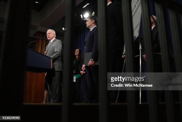 Attorney General Jeff Sessions speaks during a press conference at the Department of Justice February 22, 2018 in Washington, DC. Sessions, recently...