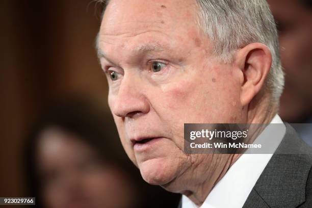 Attorney General Jeff Sessions speaks during a press conference at the Department of Justice February 22, 2018 in Washington, DC. Sessions, recently...