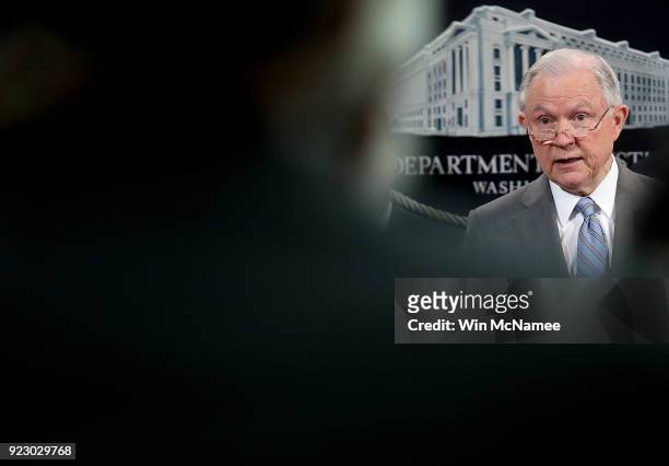 Attorney General Jeff Sessions speaks during a press conference at the Department of Justice February 22, 2018 in Washington, DC. Sessions, recently...