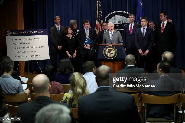 Attorney General Jeff Sessions speaks during a press conference at the Department of Justice February 22, 2018 in Washington, DC. Sessions, recently...