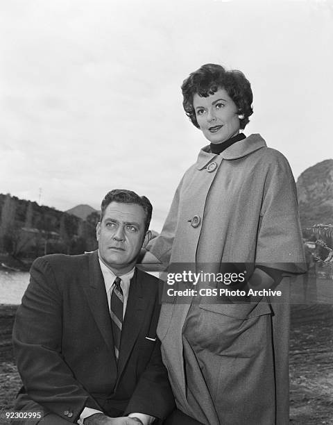 Raymond Burr as Perry Mason and Barbara Hale as Della Street in ?The Case of the Angry Dead Man?. Image dated January 31, 1961.