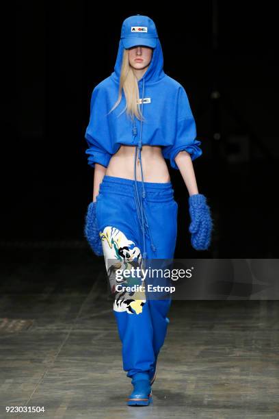 Model walks the runway at the Angel Chen show during Milan Fashion Week Fall/Winter 2018/19 on February 21, 2018 in Milan, Italy.