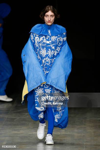 Model walks the runway at the Angel Chen show during Milan Fashion Week Fall/Winter 2018/19 on February 21, 2018 in Milan, Italy.