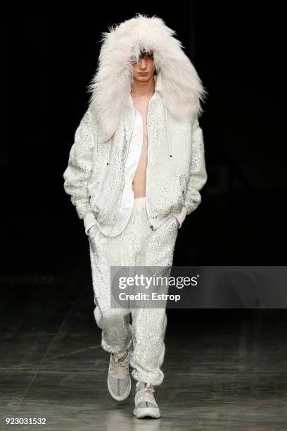 Model walks the runway at the Angel Chen show during Milan Fashion Week Fall/Winter 2018/19 on February 21, 2018 in Milan, Italy.