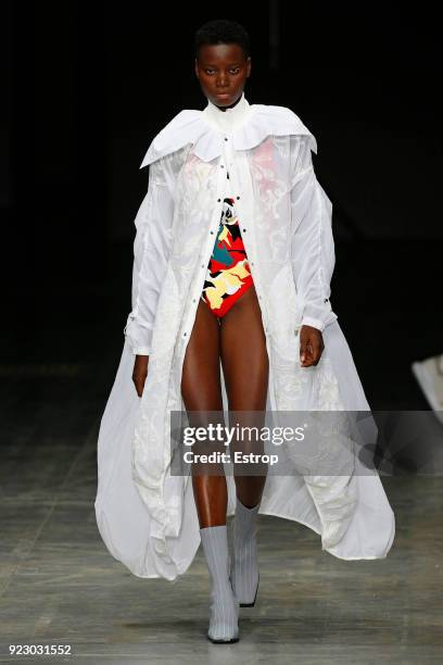 Model walks the runway at the Angel Chen show during Milan Fashion Week Fall/Winter 2018/19 on February 21, 2018 in Milan, Italy.