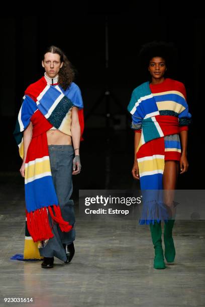 Model walks the runway at the Angel Chen show during Milan Fashion Week Fall/Winter 2018/19 on February 21, 2018 in Milan, Italy.