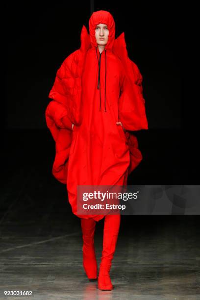 Model walks the runway at the Angel Chen show during Milan Fashion Week Fall/Winter 2018/19 on February 21, 2018 in Milan, Italy.